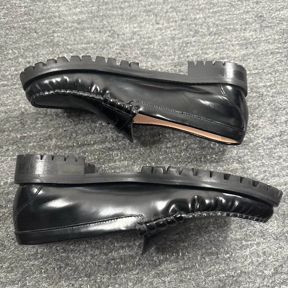 J Crew Winona Lug Sole Penny Loafers Women 9 Black Spazzolato Leather Chunky - Picture 11 of 12